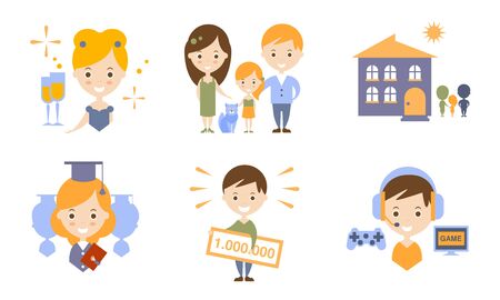 Happy Family Modern Lifestyle Icons Set Flat Vector Illustrationのイラスト素材