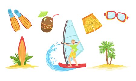 Summertime Sports Activities and Hobbies Set, Man Relaxing on Summer Vacation, Yachting and Surfing Vector Illustrationのイラスト素材