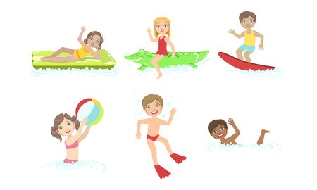 Kids Swimming and Floating on Inflatable Toys in Pool, Children Having Fun in Water Vector Illustrationのイラスト素材