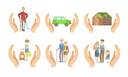 Insurance Services Set, Different Types of Insurances, Health, Car, Home, Travel, Old Age, Family Vector Illustrationのイラスト素材