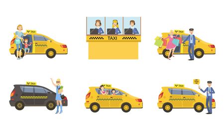 Taxi Service Set, Taxi Driver in Yellow Car and Passengers, Customers Catching Cab, Call Operator Support Service Vector Illustrationのイラスト素材