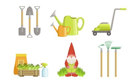 Garden Tools Set, Gardening Equipment, Shovel, Watering Can, Gnome, Rakes, Lawnmower Vector Illustrationのイラスト素材