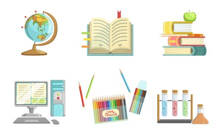 School Supplies Set, Globe, Copybook, Books, Apple, Computer, Pencil, Test Tubes Vector Illustrationのイラスト素材