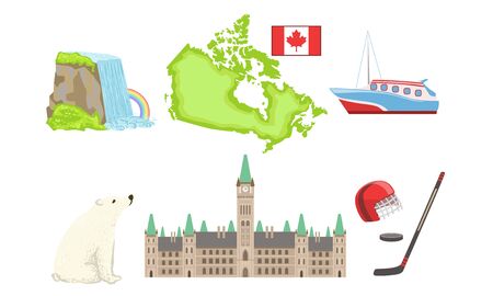 Canada Traditional Symbols and Attractions Set, Niagara Fall, Map, Ship, Parliament Building, Poalr Bear, Hockey Signs Vector Illustrationのイラスト素材
