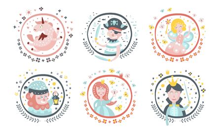 Cute Childish Fairy Tale Cartoon Characters Set, Adorable Unicorn, Fairy, Pirate, Gnome, Sorceress, Princess, Decoration Design Elements Vector Illustrationのイラスト素材