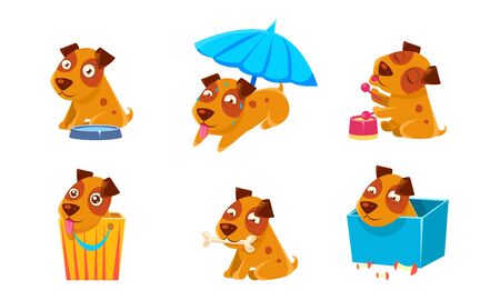 Cute Little Dog Character Set, Funny Puppy in Different Situations Vector Illustrationのイラスト素材