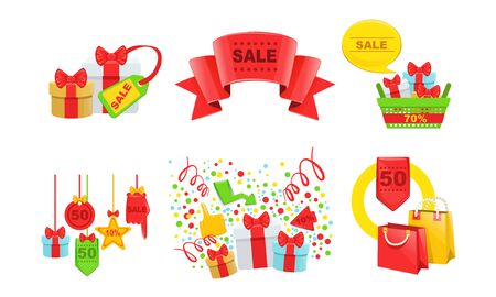 Sale, Special Offer Signs Collection, Tags, Shopping Bags, Gift Boxes Vector Illustrationのイラスト素材