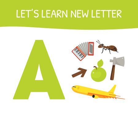 Lets Learn New Letter A, Educational Game for Preschool Kids, Accordion, Ant, Arrow, Apple, Axe, Airplane Vector Illustrationのイラスト素材