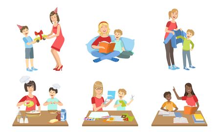 Mother and Son Performing Daily Activities Together Set, Cooking, Reading Book, Making Applique, Giving Gifts Vector Illustration on White Background.のイラスト素材