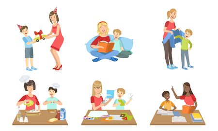 Mother and Son Performing Daily Activities Together Set, Cooking, Reading Book, Making Applique, Giving Gifts Vector Illustration on White Background.