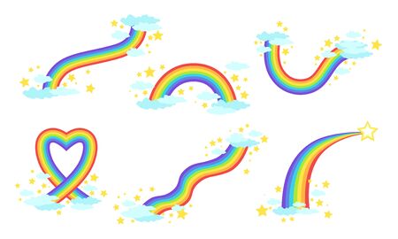 Rainbows Collection, Bright Rainbows in the Sky with louds Vector Illustrationのイラスト素材