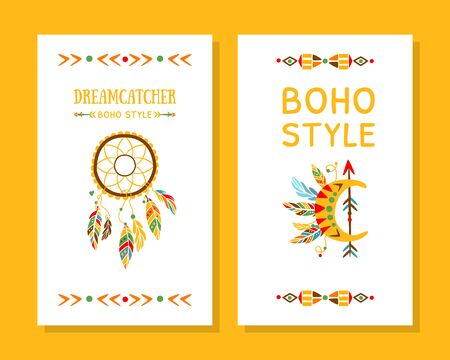Boho Style Cards Collection, Dreamcatcher with Ethnic Feathers, Template Can be Used for Banner, Flyer, Placard Vector Illustrationのイラスト素材