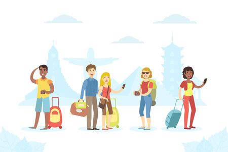 Traveling People Set, Tourists with Luggage Sightseeing and Making Photo on Summer Vacation Vector Illustrationのイラスト素材