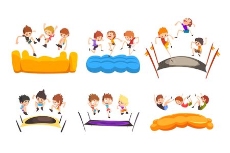 Boys jumping on trampoline, happy bouncing kids having fun on trampoline vector Illustration on a white backgroundのイラスト素材
