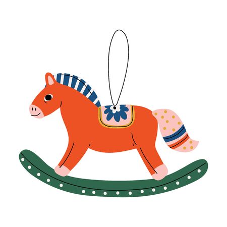 Rocking Horse Christmas Tree Toy, Cute New Year Decorative Element Hanging on Ribbon Vector Illustrationのイラスト素材