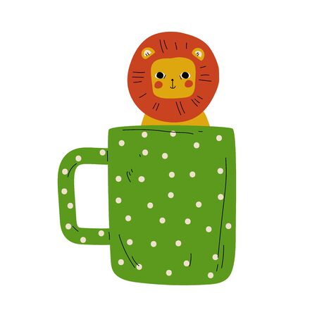 Cute Lion in Green Dotted Teacup, Adorable Little Cartoon Animal Character Sitting in Coffee Mug Vector Illustrationのイラスト素材