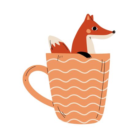 Cute Fox in Teacup, Adorable Little Cartoon Animal Character Sitting in Coffee Mug Vector Illustrationのイラスト素材