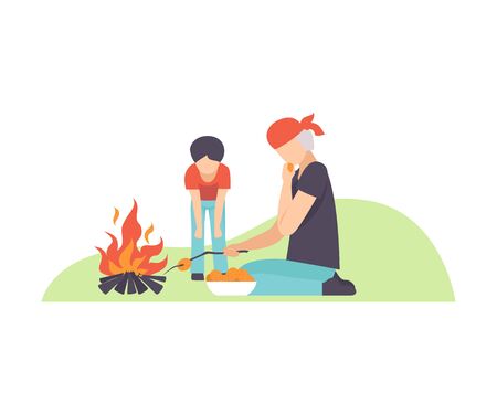 Gray-haired man with a boy fry potatoes at the stake. Vector illustration.のイラスト素材