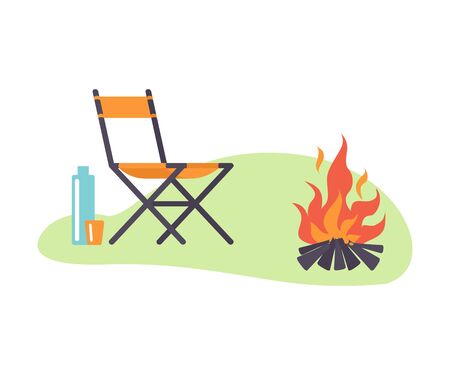 Chair next to a bonfire in a clearing. Vector illustration.のイラスト素材