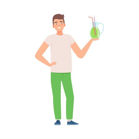 Brunette male is holding a decanter with green juice. Vector illustration.のイラスト素材