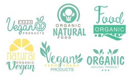 Fresh Vegan Products Set, Organic Fresh Farm Natural Food Green Labels Vector Illustrationのイラスト素材