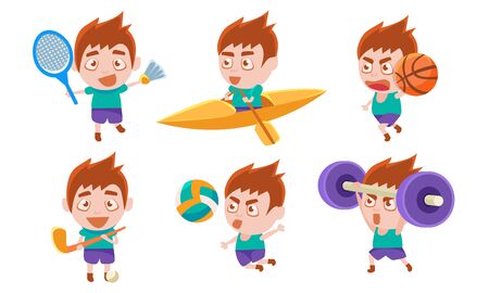 Boy Playing Different Sports Set, Boy Boxing, Playing Hockey, Badminton, Basketball, Volleyball, Lifting Barbell Vector Illustration on White Background.のイラスト素材