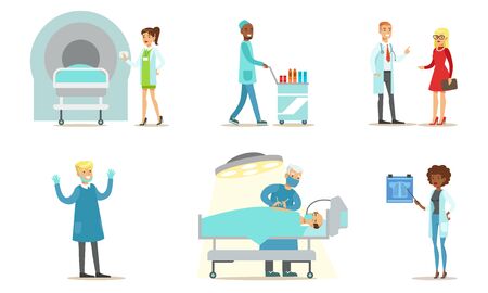 Doctors Examining and Treating Patients Set, Medical Care in Clinic or Hospital Vector Illustrationのイラスト素材
