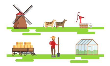 Male Farmer Working at Farm Set, Eco Farm Elements, Animals, Greenhouse, Windmill Vector Illustrationのイラスト素材