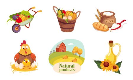 Farm Animals and Eco Healthy Products Set, Farm and Agricultural Badges Vector Illustrationのイラスト素材