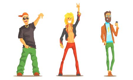 Men of Different Subcultures Set, Rocker, Hipster, Rapper Male Characters Vector Illustrationのイラスト素材