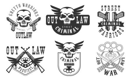 Outlaw Street Criminal Retro Labels Set, Welcome to the Ghetto Black Badges Vector Illustration on White Background.のイラスト素材