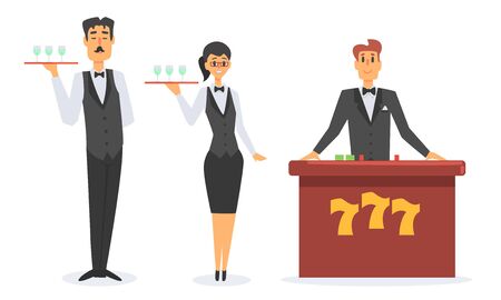 Casino Workers Set, Waiters and Croupier Characters Vector Illustration on White Background.のイラスト素材