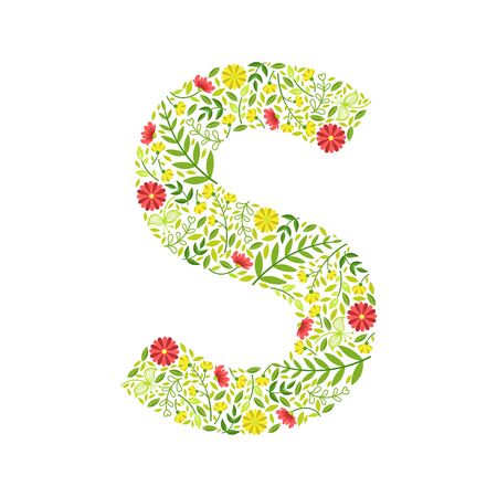 Capital Letter S, Green Floral Alphabet Element, Font Uppercase Letter Made of Leaves and Flowers Pattern Vector Illustrationのイラスト素材