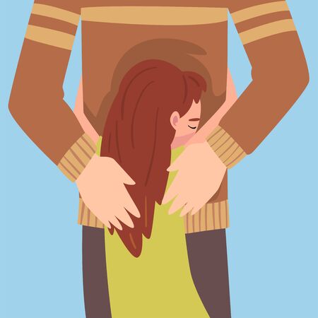 Little girl hugs dad around the waist cartoon vector illustrationのイラスト素材