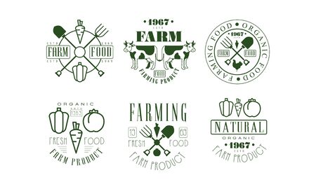Natural Organic Farm Food Retro  Templates Set, Farming Product Badges Vector Illustrationのイラスト素材