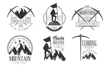 Mountain Rock Climbing Retro   Set, Climbing Sport Adventures Monochrome Badges Vector Illustrationのイラスト素材