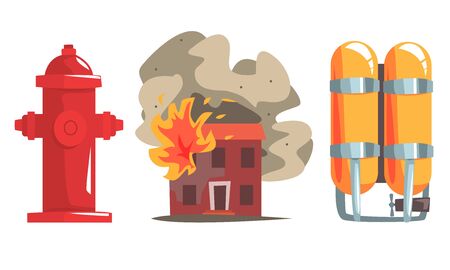 Burning House and Firefighter Equipment Set, Red Fire Hydrant and Gas Cylinders Vector Illustration on White Background.のイラスト素材