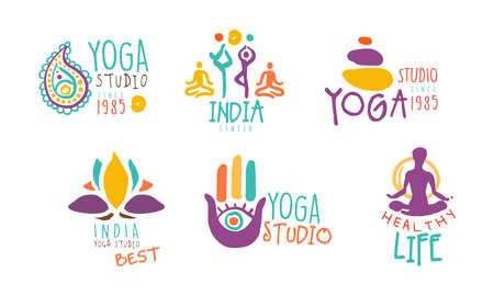 Yoga Studio icons Set, Healthy Life Hand Drawn Labels Vector Illustrationのイラスト素材