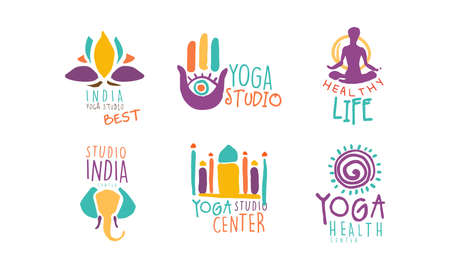 Yoga Studio icons Set, Healthy Life Center Hand Drawn Labels Vector Illustrationのイラスト素材