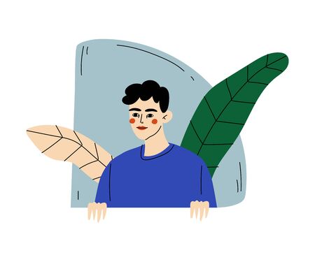 Curly guy in blue sweater looks out, and behind him leaves and geometric figure cartoon vector illustration on a white backgroundのイラスト素材