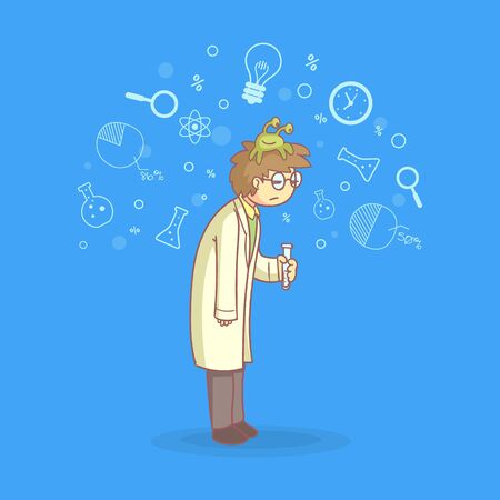 Apathetic Male Scientist Character with Lazy Monster on His Head Vector Illustration in Cartoon Style.のイラスト素材