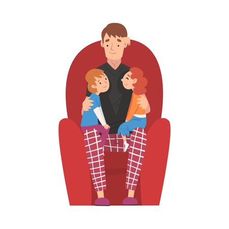 Dad Sitting on Armchair with Son and Daughter, Happy Family Relationship Vector Illustration on White Background.のイラスト素材