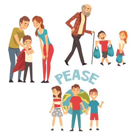 Fair and Brave Children Set, Kids Good Manners, Polite Boys and Girls Helping Adults, Protect and Save Earth Planet Vector Illustration on White Background.のイラスト素材