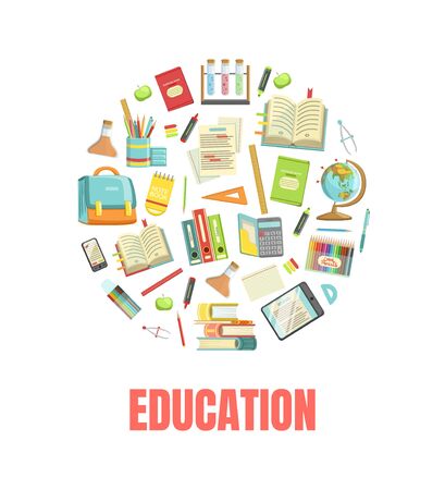 Education Banner Template with School Supplies od Round Shape Vector Illustration, Web Design.のイラスト素材