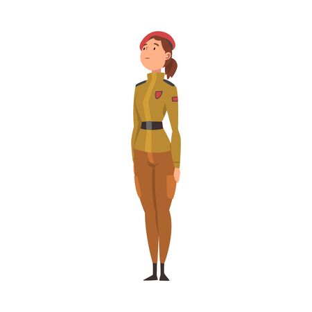 Young Woman Soldier or Officer in Khaki Uniform, Professional Military Female Character Vector Illustrationのイラスト素材