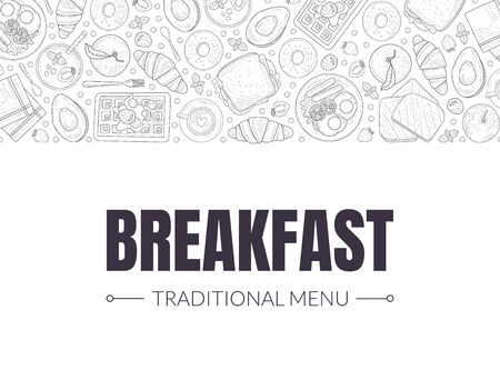 Breakfast Banner Landing Page Template, Morning Food Traditional Menu Vintage Hand Drawn Vector Illustration, Web Design.のイラスト素材