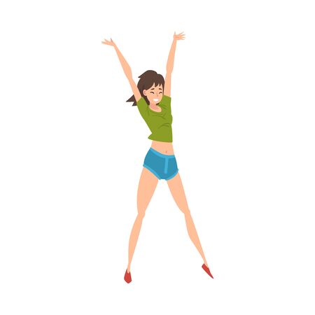 Happy Smiling Young Woman Dancing at Party Vector Illustration on White Background.のイラスト素材