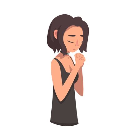 Sad Woman with Her Hands Clasped in Prayer, Female Character Facial Emotions Vector Illustration on White Background.のイラスト素材