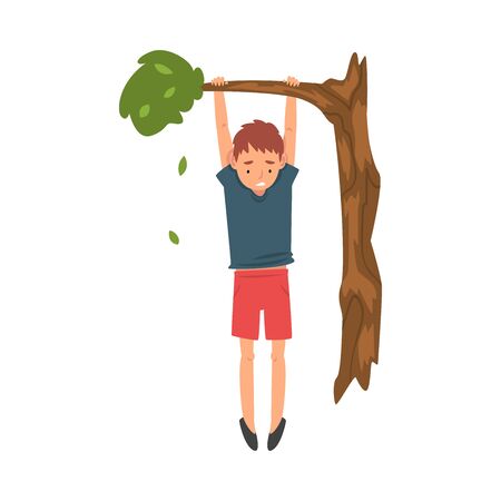 Cute Boy Hanginig on a Tree Branch Vector Illustration on White Background.のイラスト素材