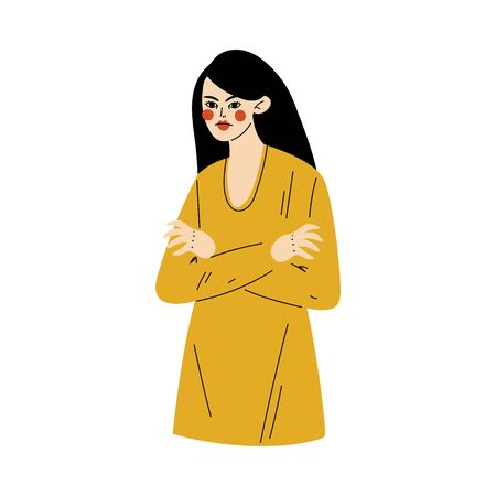 Girl Gesturing with Folded Hands, Young Woman Doing Negative Gesture Vector Illustration on White Background.のイラスト素材